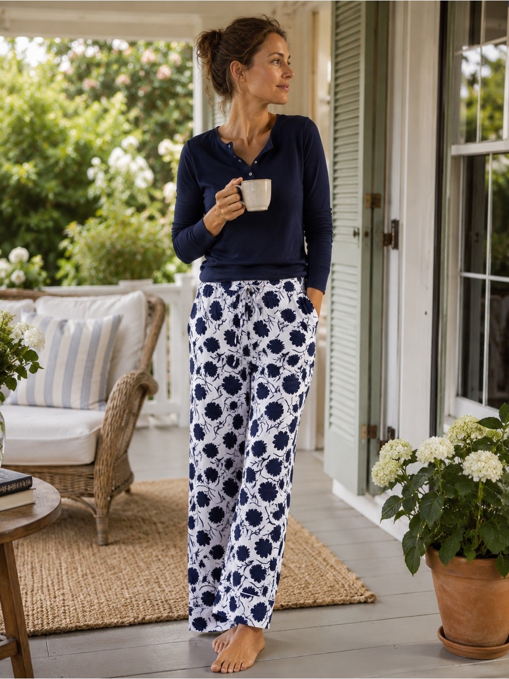 Boden 100% Soft Cotton Floral Pajama Pants Navy White Drawstring US 12